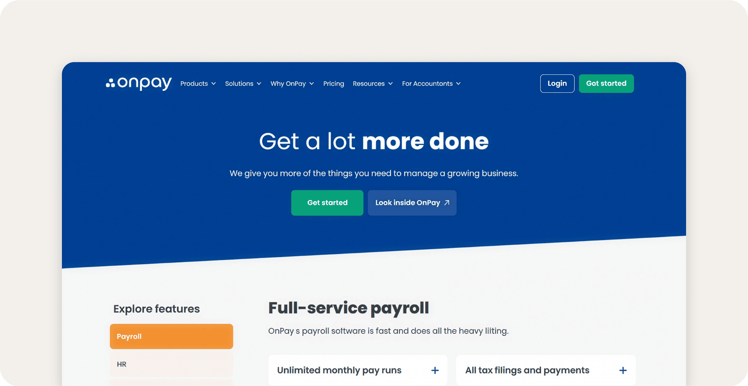 OnPay website homepage.