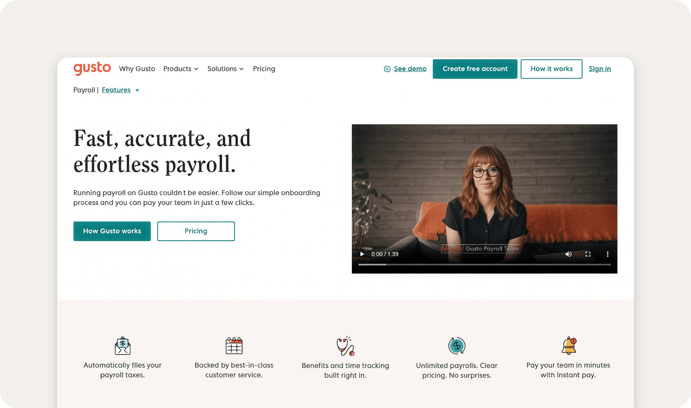 Gusto website homepage.